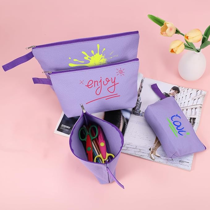 10 Pieces Cotton Canvas Makeup Bag with Bottom and Strap, Multi-Purpose Cosmetic Bag with Zipper Travel Toiletry Pouch, Blank DIY Craft Bag (Purple, S)