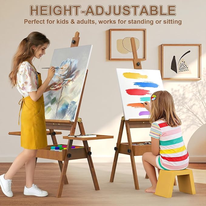 Professional Vintage Wood H-Frame Easel, with 2 Palette and Storage Box | Multi-Function Studio Easel, Professional Foldable Artist Easel Stand for Painting, Holds Canvas Art up to 36"