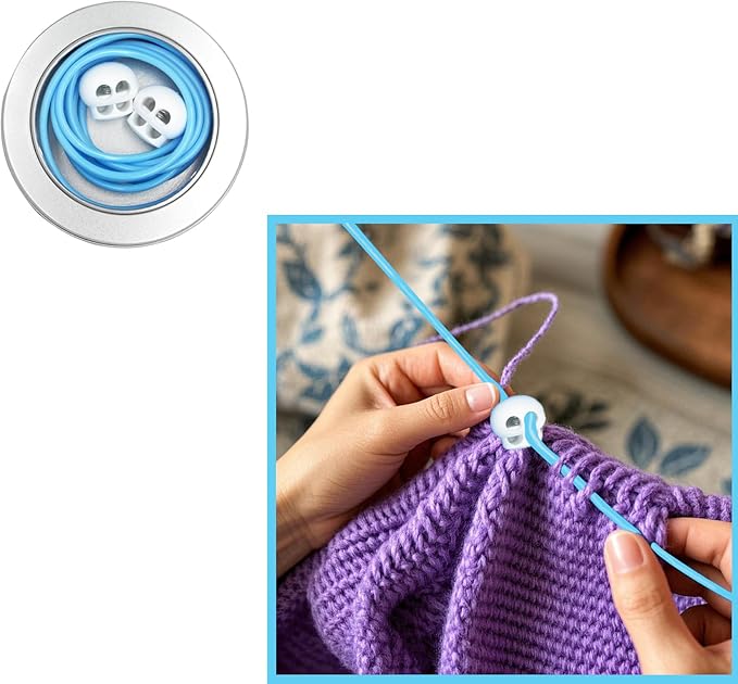 MEYAGO 2PCS PVC Knitting Stitches Holder Barber Cord Stitch Markers Knit Stiches Keeper PVC Knitting Cords with Knitting Needle Stoppers in Storage Tin