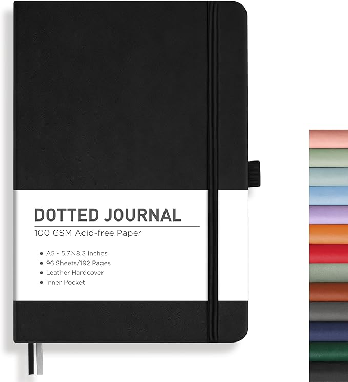RETTACY Dotted Journal Notebook, 192 Pages, A5 Medium Size (5.7'' x 8.3'') | Leather Hardcover, 100 GSM Thick Paper, for Journaling, Planning, Tracking (Black)