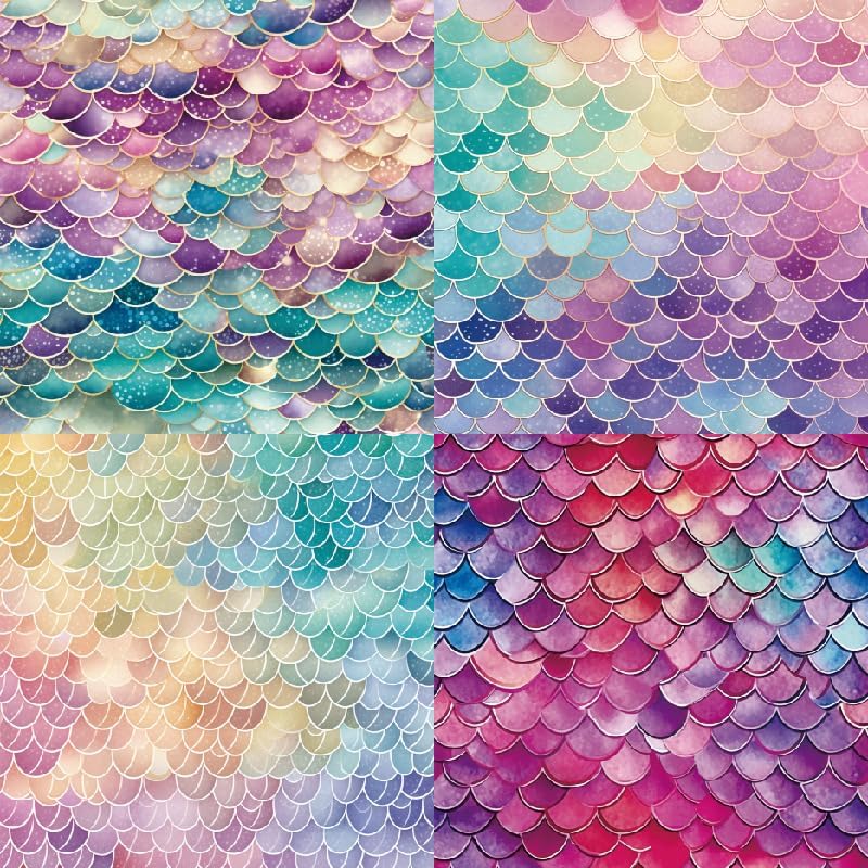 Mermaid Themed Scrapbook Paper Pad 6x6 inches, Single-Sided Scales and Seashell Patterns Designs For Craft - 24 Decor Sheets