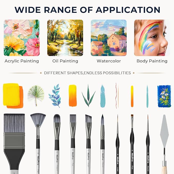 Nicpro 36pcs Paint Brush Set,Professional Paintbrushes for Acrylic Painting | Includes Palette Knife and Canvas Roll, Suitable for Artists and Beginners for Acrylic Painting, Oil, Watercolor, Gouache