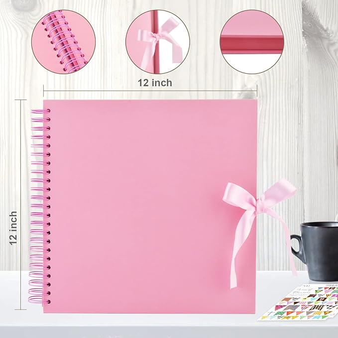 GOTIDEAL 12 x 12 Inch Scrapbook Album with 10 Metallic Markers, Pink | 80 Pages Craft Paper Photo Album for Wedding and Anniversary, Family DIY Photo Album with Scrapbooking Stickers Corners