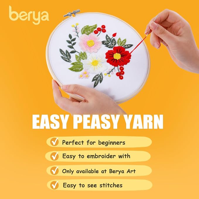BERYA Embroidery Kit for Beginners, Flowers and Leaves Embroidery Practice Kit, Hand Floral Embroidery Starter Kit for Adults with Video Step by Step Instructions, Hoops, Threads and Needles (BEF011)