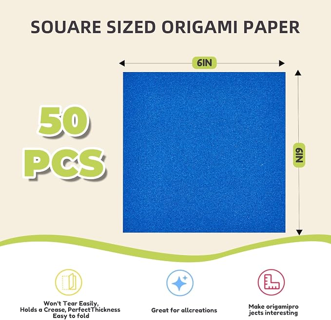 JoyCat Classic Glitter Origami Paper, 50 Sheets, 5 Colors, 6x6 Inch | Five vivid glitter colors add a bright shimmer to origami, party decorations, card making, gift accents and DIY crafts.