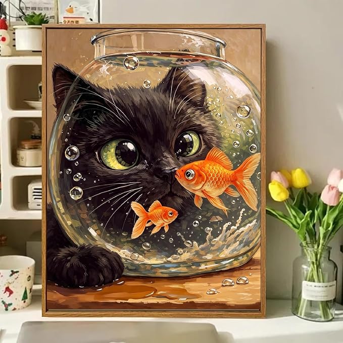 Cat Goldfish Paint by Numbers Kit for Adults Framed Canvas, Frameworkless | Easy Adult Paint by Number Kits on Canvas DIY Cat Goldfish Painting for Beginners Art by Numbers for Home Wall Decor 12X16 in