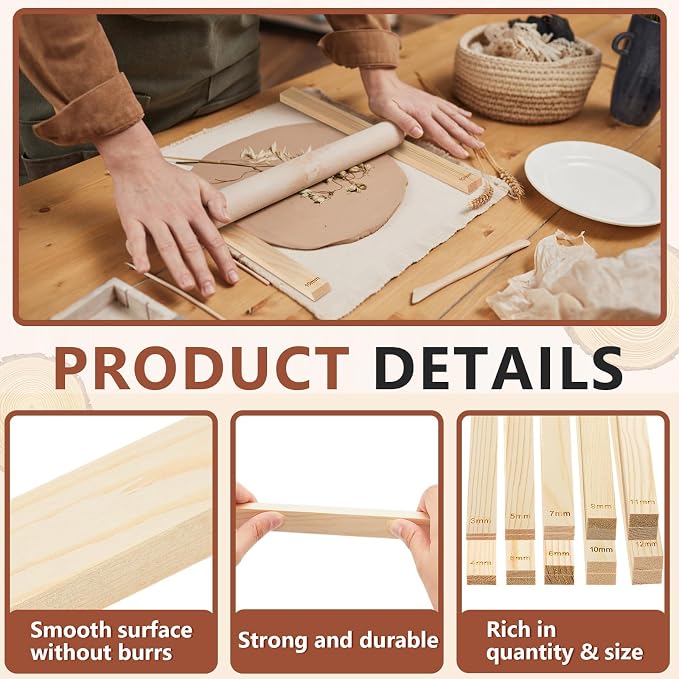 Sasylvia 20 Pcs Clay Pottery Rolling Pin Guides,10 Size,Wood Color | Wooden, Teaching Rolling Mud Stick Guide, Polymer Clay Depth Thickness Guide, Pottery Mudboard Tool