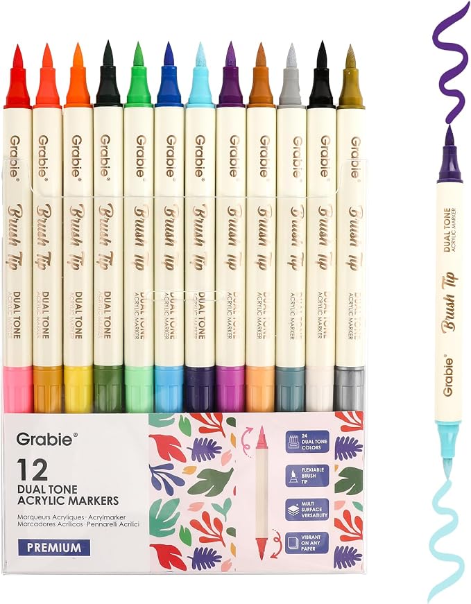 Grabie 24 Color Acrylic Paint Markers, Pack of 12 Dual Tip Brush Pens | 24 Colors in 12 Markers,Dual Tip Soft Brush Design,Water-Based Acrylic Ink For Paper, Rock, Wood, Canvas, Glass & Fabric