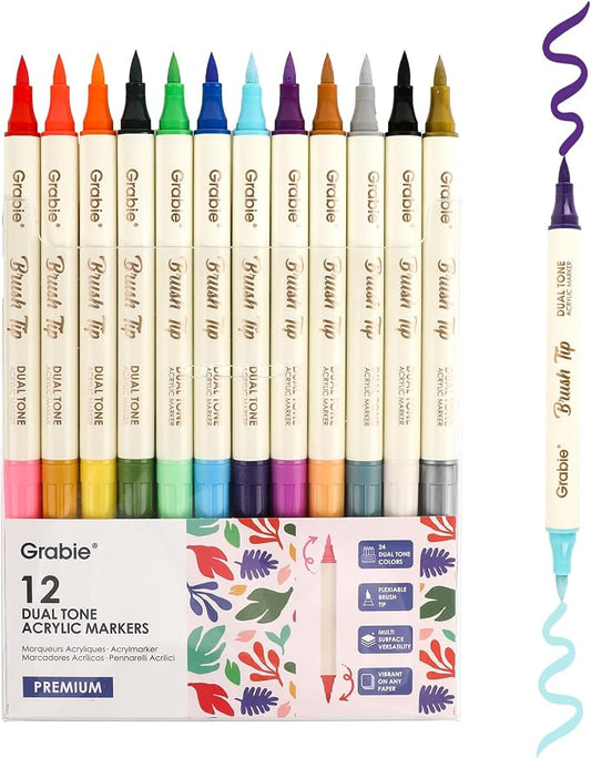 Grabie 24 Color Acrylic Paint Markers, Pack of 12 Dual Tip Brush Pens | 24 Colors in 12 Markers,Dual Tip Soft Brush Design,Water-Based Acrylic Ink For Paper, Rock, Wood, Canvas, Glass & Fabric