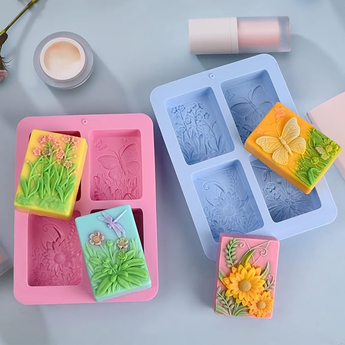 Soap Mold Silicone, 3D Rectangular Insect Flower Silicone Mold | 3D Rectangular Insect Flower Silicone Mold for Handmade Craft Soap Bath Bombs Chocolate Bars DIY Candles Polymer Clay Design