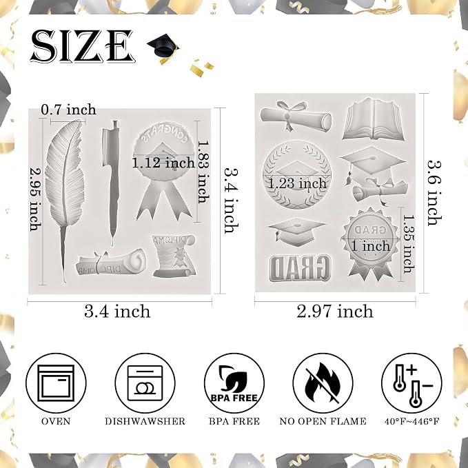Sakolla 2 Pack 2026 Graduation Candy Chocolate Molds, Doctoral Cap Diploma Scroll Badge Pen Shape Fondant Silicone Molds for Party Cake Decoration（Mini/Grey）