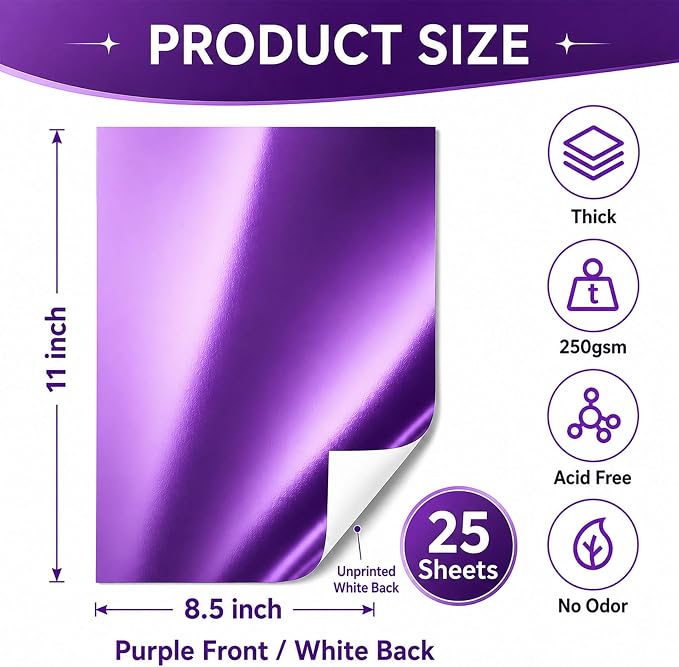 25 Sheets Metallic Purple Mirror Cardstock Paper 8.5 x 11 Shimmer Sheets 250gsm/92lb Heavyweight Scrapbook Paper for Certificates, Invitations, Greeting Cards, Crafts, Graduations
