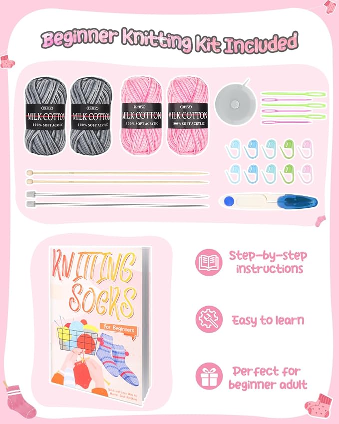 Katech Knitting Kit for Beginner Adults W/Socks Step-by-Step Instruction | 4 Pcs Socks Yarn Knitting Kit w/ Knitting Needles, Knitting Starter Kit for Learn to Knit Sock Kits Gift Gray-pink