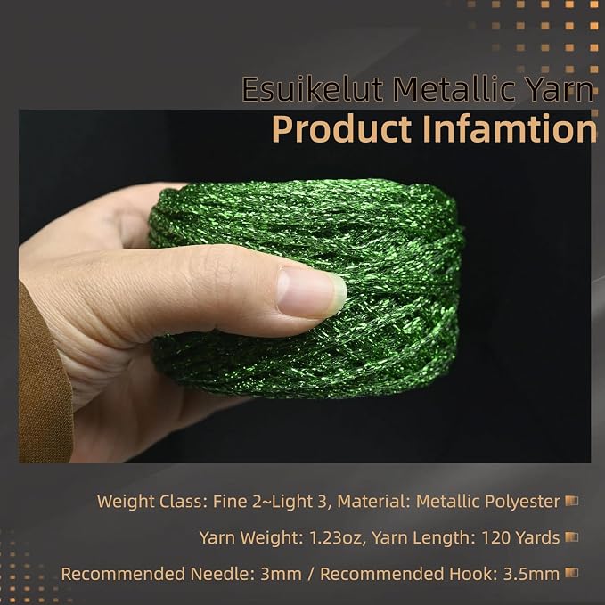 Metallic Glitter Yarn for Crochet & Knitting, Fine 2 Light Weight Worsted for Crochet Knitting, 35g 1.23oz, 120 Yards Soft Craft Sparkle Yarn (Green)