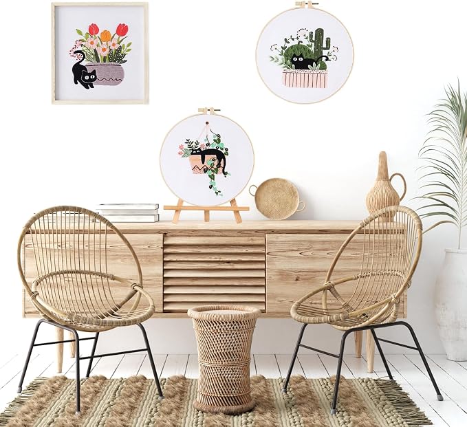 LB Cat Embroidery Kit for Beginners Adults, 3 Sets Hand Embroidery Starter Kit with Cactus Floral Pattern and Instructions Stamped Cross Stitch Kits Include Embroidery Hoop Needles Threads Scissors