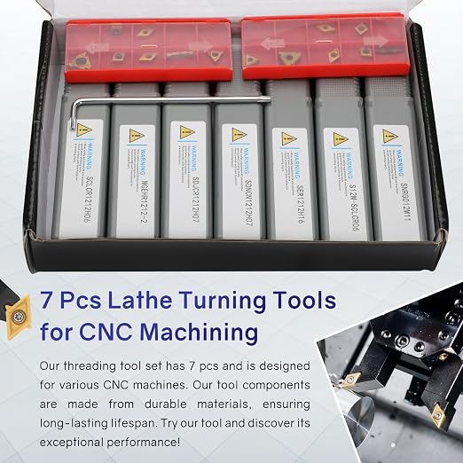 Indexable Lathe Turning Tool 21Pcs Kit 1/2'' 12mm Shank 7 Pcs Metal Lathe Tool Holder Set with 14 Pcs Turning Inserts for Turning Grooving Threading Boring Carbide Inserts Carbide Turning Tool