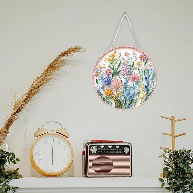 SKRYUIE Flower Hanging Diamond Art Kits for Adults Pendant Suncatcher, Special Shaped Crystal DIY Pearl Diamond Painting Kit, Gift for Mother Spring Summer Window Wreath Decor 7.87 x 7.87 Inch
