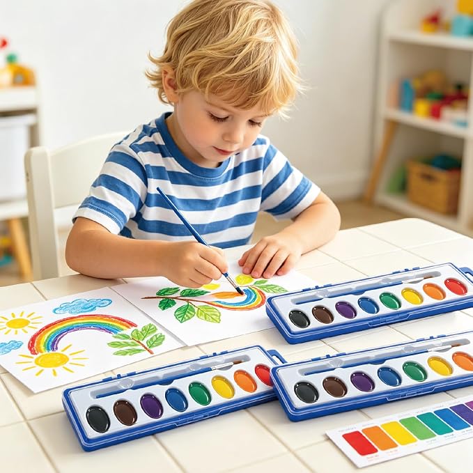 24 Pack Water Colors Paint Set for Kids, Washable Non-Toxic Watercolor Paints with Brushes – Water Color Set for Classroom, Parties & Art Activities