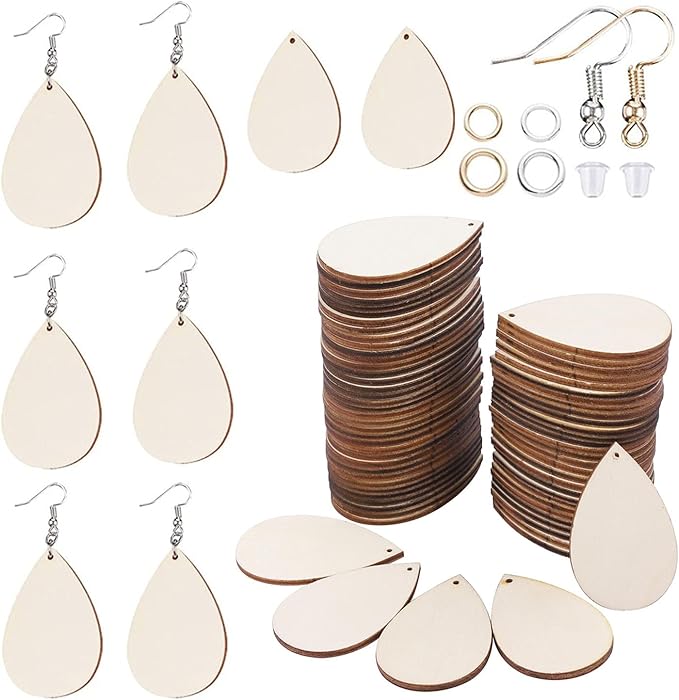 500 Pcs Unfinished Wooden Earrings, 100Pcs Blank Natural Wood Pendants100 Pcs Earring Hooks, 200 Pcs Jump Rings and 100 Pcs Earrings Backs for Jewelry DIY Craft Making