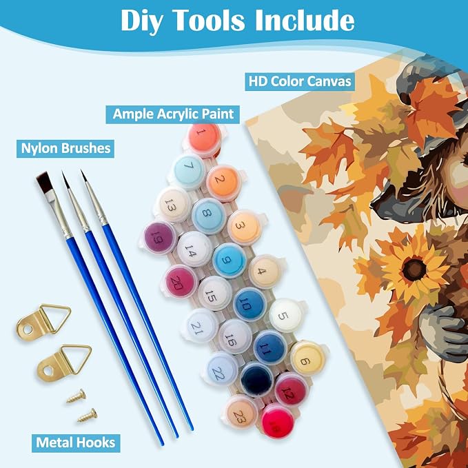 Fall Scarecrow Pumpkin Sunflower Paint by Numbers Kit for Adults, DIY Paint by Numbers Kits for Adults Beginners Without Frame, Acrylic Paint Canvas Painting Kits Art for Home Decor 16x16 Inch