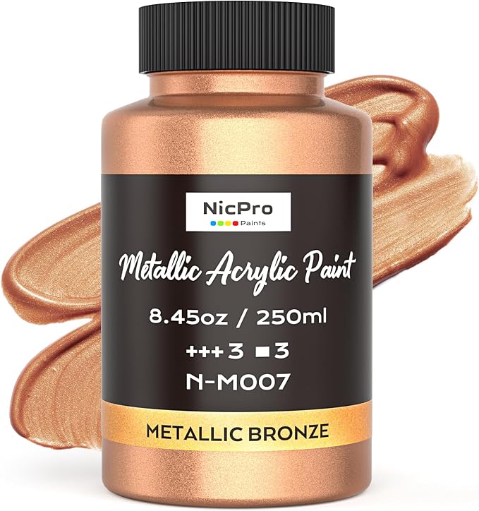 Nicpro Metallic Bronze Acrylic Paint, 8.45oz/250ml Bronze Craft Paint | Large, Non Toxic, Non Fading Art Paint for Wood, Metal, Clay, Fabric, Canvas, Ceramic, Furniture, Handcrafts