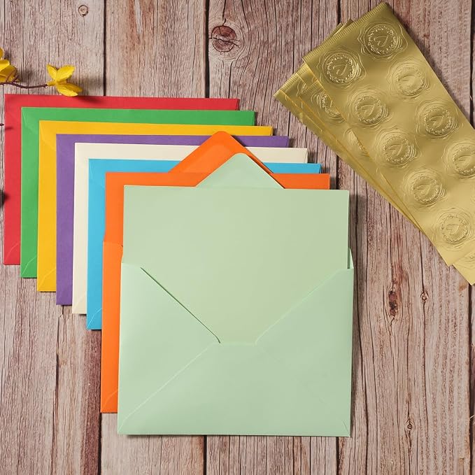 50 Pack A7 Colorful Envelopes with 5x7 Folded Cardstock Gold Stickers | With Blank Cards For Greeting Cards, Wedding, Birthday Party, Baby Showers, Invitations