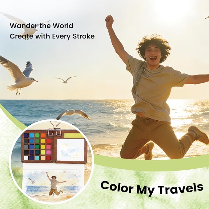 Pagather Travel Watercolor Travel Set, 24 Colors Mini Portable Paint Kit | Includes Water Brush and Compact Design, Perfect for Beginners, Hobbyists and Artists to Create Beautiful Paintings Anywhere