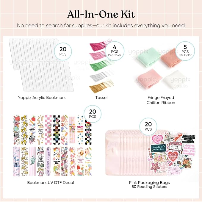 180 Pcs Acrylic Bookmark Blanks- 20 Set Bookmark Making Kit with 20 UV DTF Stickers About Teacher Theme 20 Tassels 20 Ribbon 80 Bookish Stickers for DIY Your Crafts Gift for Teacher