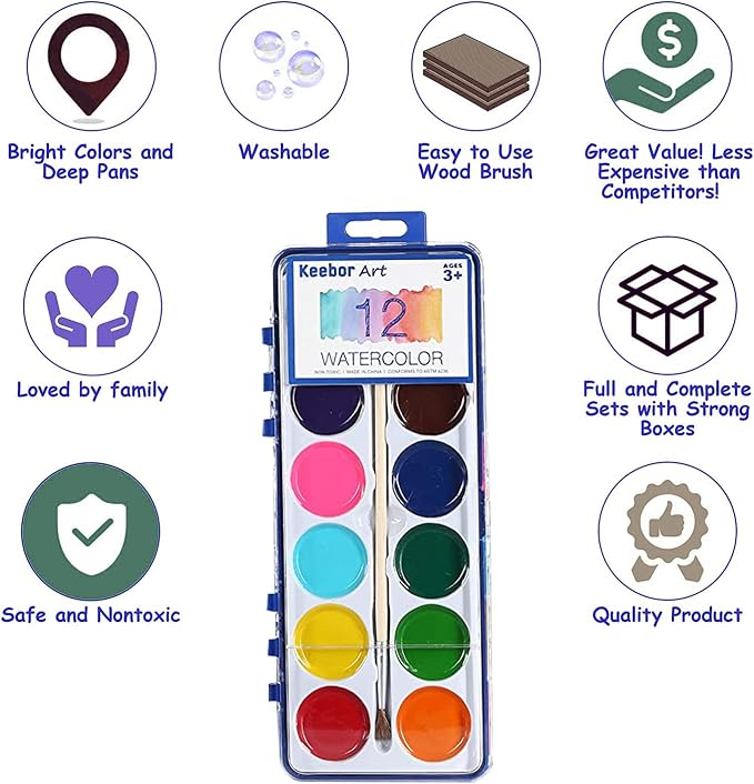 Watercolor Paint Set for Kids, 12 Colors, 24 Pack Washable Water Colors for Party Favors, Gifts, Classroom Supplies (Wood Brushes Included) | Washable Water Colors for Party Favors, Gifts, Classroom Supplies (Wood Brushes Included)