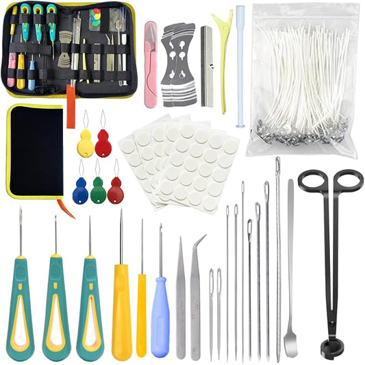 136PCS Professional Candle Making Kit with Soy Candle Wicks,Big Hole Long Wicking Needle for Molds with Storage Bag,Wick Trimmer,Mold Hook Eye Punch Needle for Candle Lover Beginner