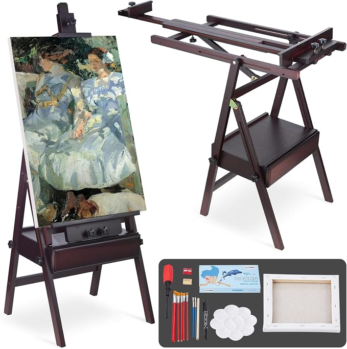 Beech Wood H-Frame Painting Easel with Storage Drawer, Walnut
