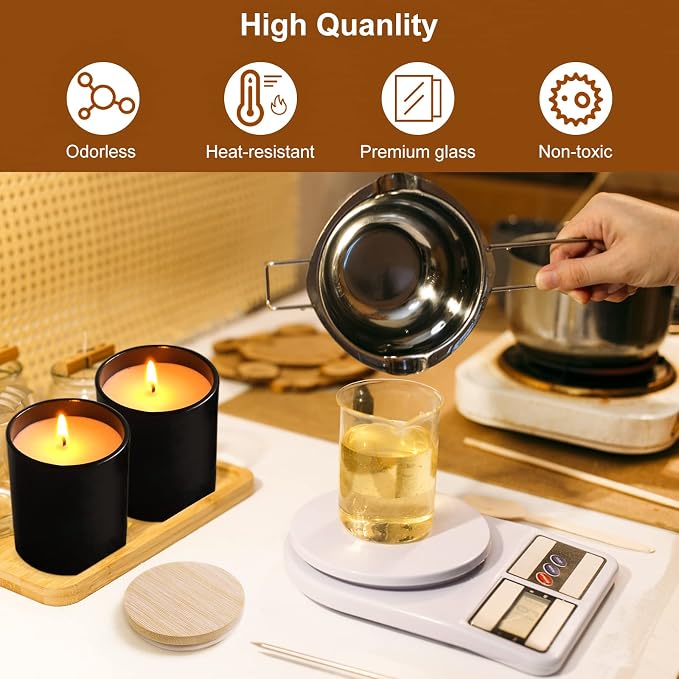 CONNOO 12 Pack 10 OZ Matte Black Glass Candle Jars | Airtight Bamboo Lids Nice Sticky Warning Labels for Candle Making Empty Container Bulk - Dishwasher Safe
