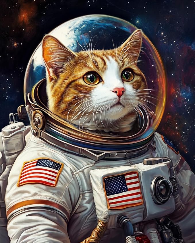 Tucocoo Cat DIY Paint by Numbers for Adults Cat Astronaut DIY Digital Oil Painting Acrylic Paint Planet Outer Space Painting Kits Canvas Wall Art Funny Room Decor 16x20 Inch （Without Frame ）