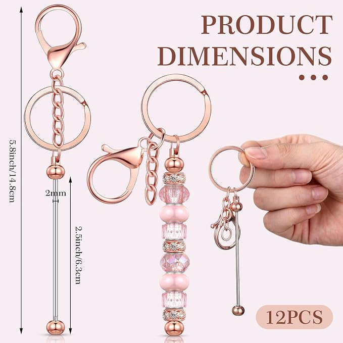 Tondiamo 12 Pcs Beadable Keychains Bars Bulk Blank Beaded Metal Keychain for Craft DIY Gift