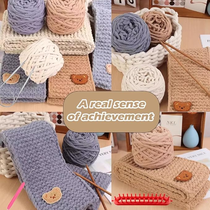 Novelchet Scarf Knitting Loom Kit for Beginners with Plush Yarn Khaki