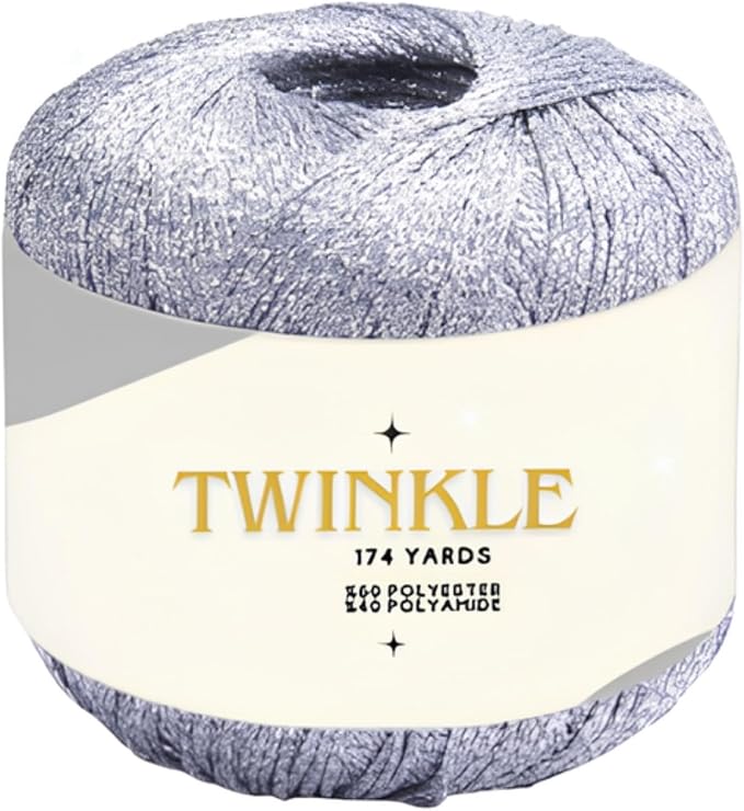 Twinkle Metallic Glitter Yarn Sparkle Fine 1 Light Fingering Weight Worsted Gold Silver for Crochet Knitting, 25g 0.88oz, 175yard Soft Craft Shawls Cardigans Bags Lurex (Silver Shimmer, Pack 1)
