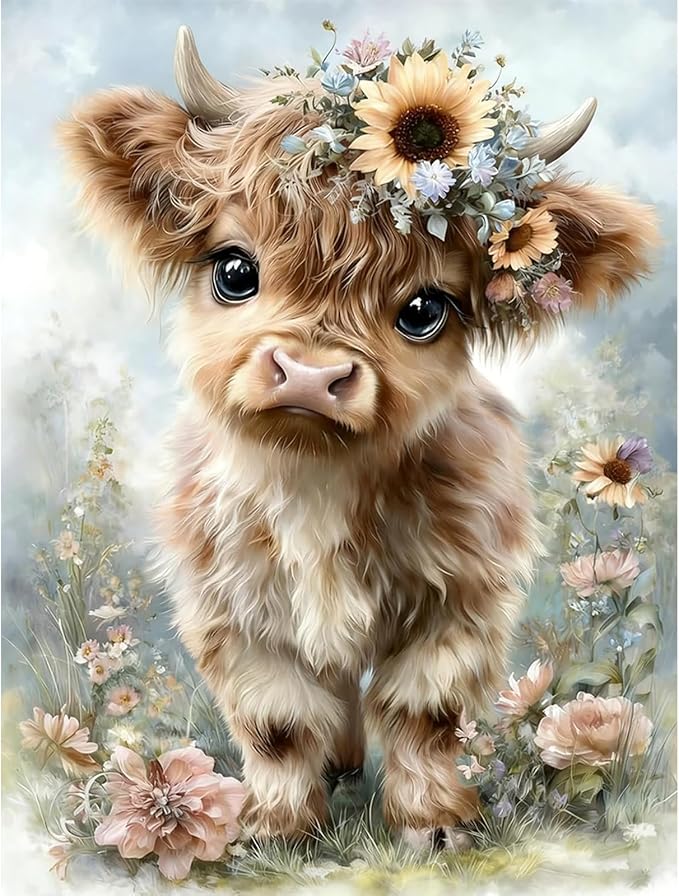 Highland Cow Diamond Art Kits for Adults,Retro Flowers Diamond Painting