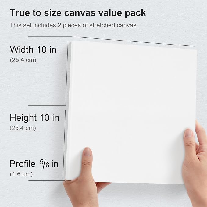 PHOENIX 10x10 Inch Pack of 2 Canvas - Square Stretched Canvases for Painting, 8 Oz Triple Primed 5/8 Inch Profile 100% Cotton White Blank Framed Canvas for Oil Acrylic & Pouring Art