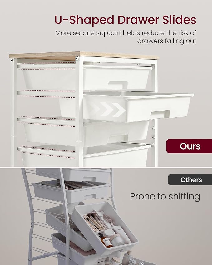 VASAGLE Rolling Cart with Drawers,5 Drawers Storage Cart, White