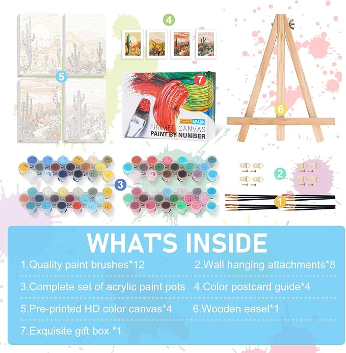 4 Pack Framed Paint by Numbers Kit for Adults with Wooden Easel, 8x12 Inch | Desert Cactus, Easy DIY Acrylic Canvas Craft Kit with Frame for Beginners, Home Decor, Stress Relief Relaxing Hobby Gift