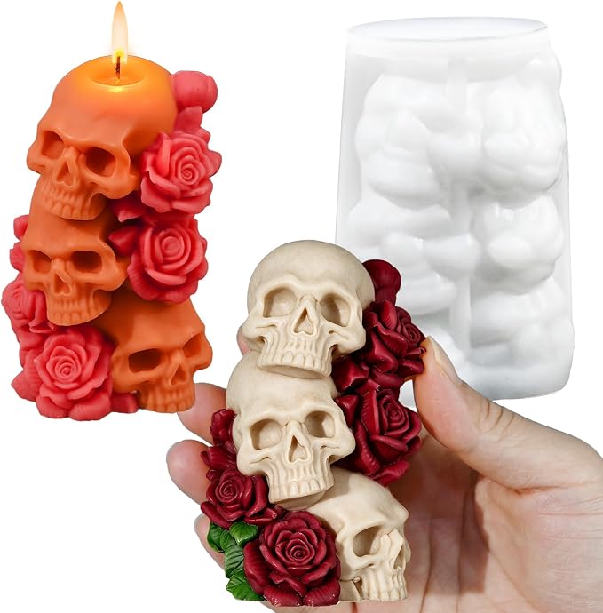 Halloween Skull Candle Mold, 3 Layer Columnar Rose Skull Mold | 3D Rose Style Skull Silicone Mold for Candle Making, Epoxy Resin Casting, Halloween Resin Night Light DIY Craft Handmade Gift
