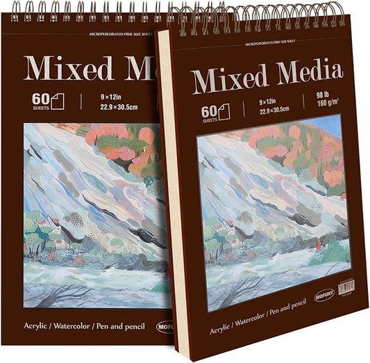 Mixed Media Sketchbook 9" x 12", 60 Sheets Each (98lb/160gsm), 2 Pack, Heavyweight Drawing Papers, Top Spiral Bound Hardcover Sketchbook, for Wet and Dry Media, Drawing, Painting