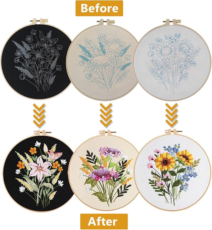3 Packs Embroidery Kit for Adults, Embroidery for Beginners (Flower)