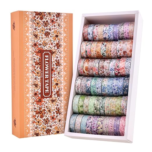 icceemee 60 Rolls Flowers Theme Washi Tape Set with Different Colorful Patterns, Writable Decorative Tapes for Scrapbooking, Junk Journal Supplies, Bullet Journaling, 0.39'' x 79'' per Roll