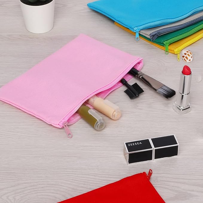 12 Pieces Cotton Canvas Makeup Bag, Multipurpose Cosmetic Bag with Zipper Travel Toiletry Pouch, Blank DIY Craft Bag (Pink, L)