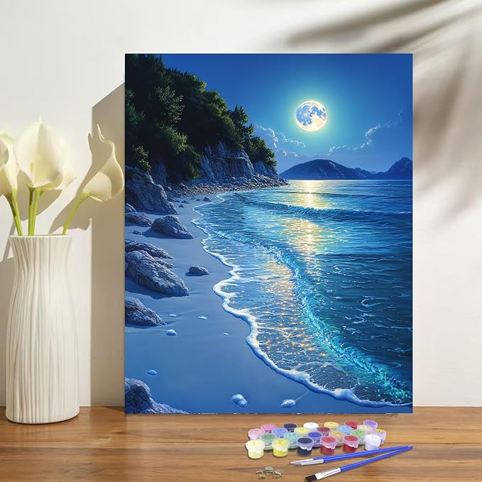 Beach Moonlight Paint by Numbers Kit for Adults Beginner Ocean Oil Painting Kit Adult Paint by Number Kits on Canvas Moon DIY Painting for Beginners Art by Numbers for Gifts Home Wall Decor 16x20 Inch