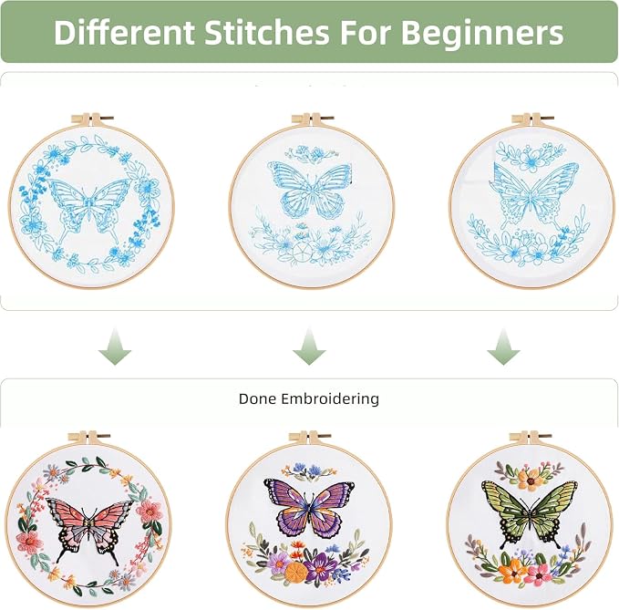 GLTAYLMY Butterfly Embroidery Kit for Beginners Adults, 3 Sets Hand Embroidery Starter Kit with Flower Pattern and Instructions Stamped Cross Stitch Kits Include Embroidery Hoop Needles Threads
