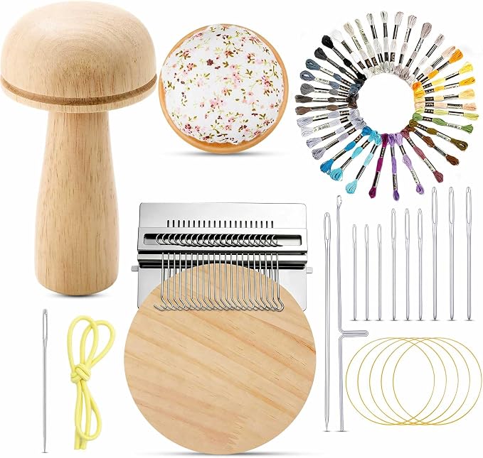 Jexine Mini Darning Mushroom for Socks 21 Hooks Small Speedweve Style Weaving Darning Loom with 9 Pcs Large Eye Needles 50 Colors Thread for Handcraft DIY Weaving Repair Tool