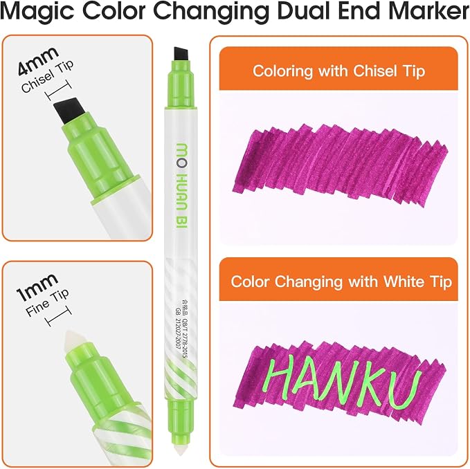 HANKU 12 Pack Color Changing Highlighter Markers, Dual-Tip Magic Highlighters, Assorted Colors Journaling Drawing School Office Art Supplies