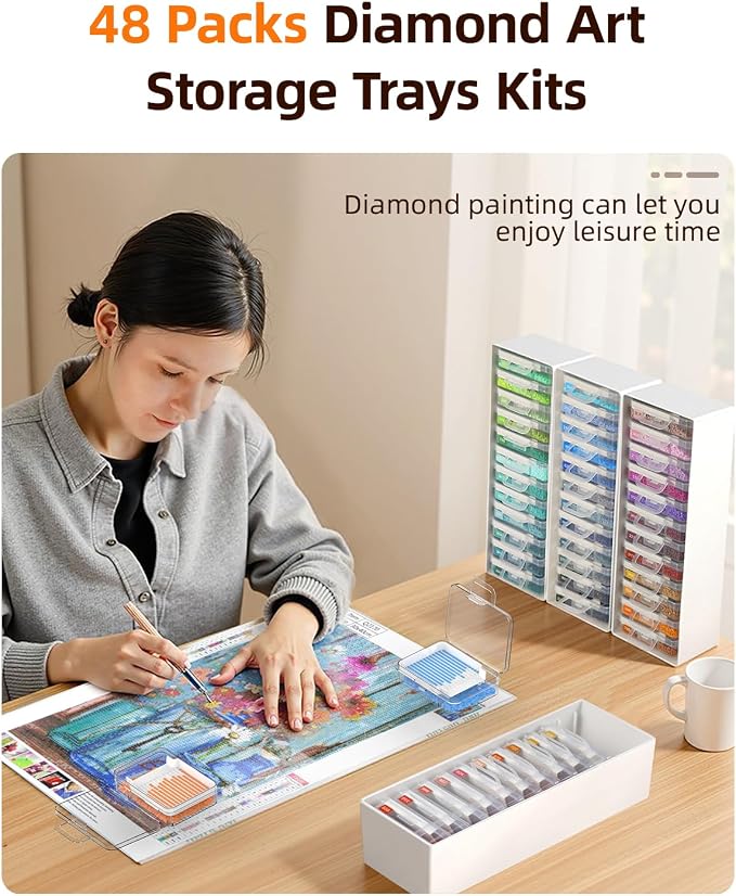 Redtwo 48 PCS Diamond Painting Storage Containers Trays, White | 3-in-1 Diamond Painting Trays with Lids, Detachable Trays, 4 Adjustabe Racks, Diamond Art Accessories, Diamond Art Storage